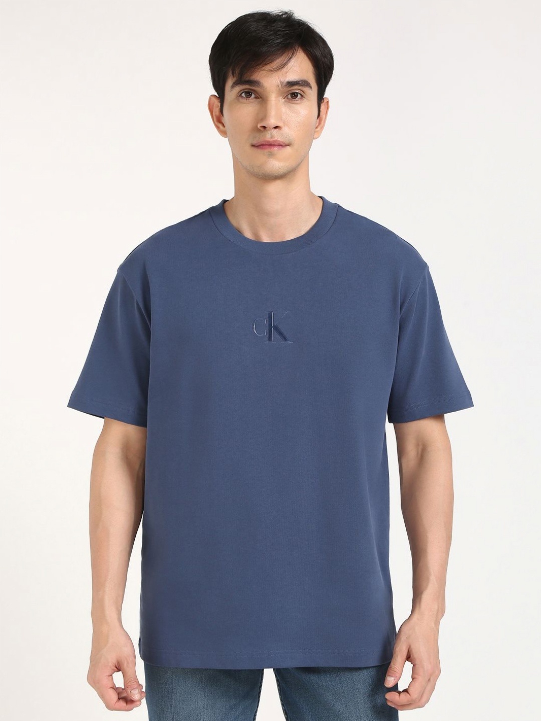 Calvin Klein Jeans Men Typography Printed Round Neck Cotton Oversized T-shirt, Blue