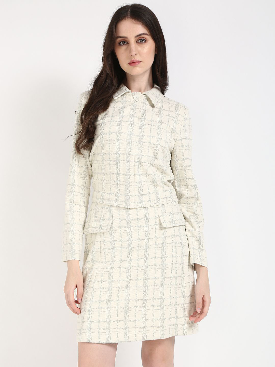 

Calvin Klein Jeans Checked Shirt Collar Pure Cotton T-Shirt With Skirt, Beige