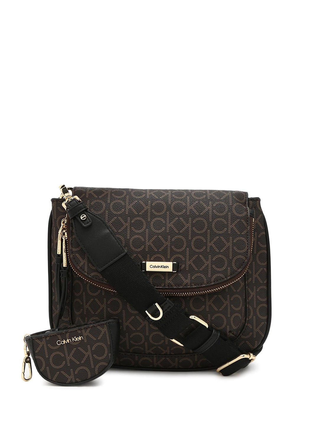 

Calvin Klein Women Typography Printed Structured Sling Bag With Pouch, Brown