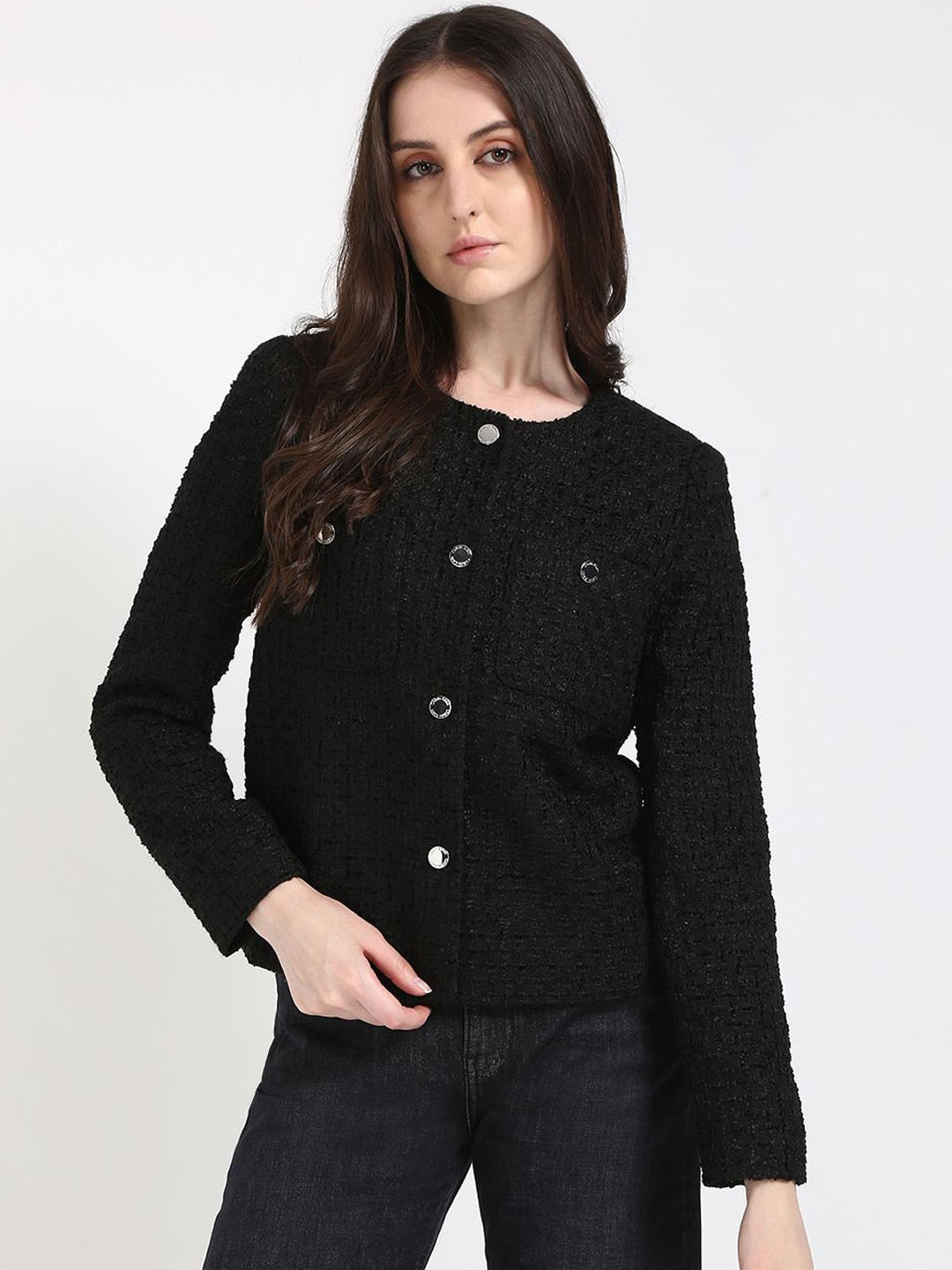 

Calvin Klein Jeans Women Collarless Self Design Casual Tailored Jacket, Black