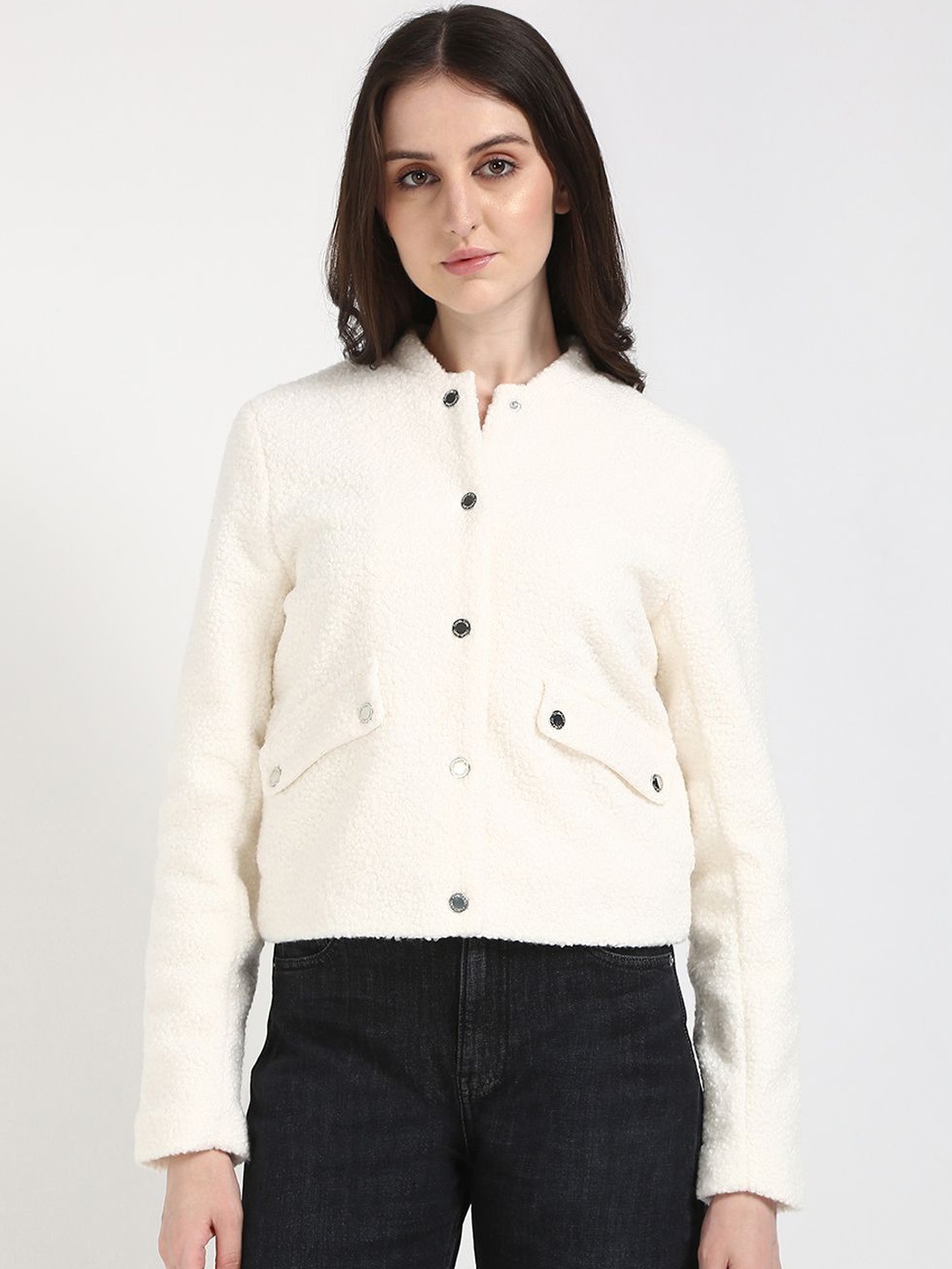 

Calvin Klein Jeans Women Solid Stand Collar Faux Fur Trim Parka Jacket, Cream