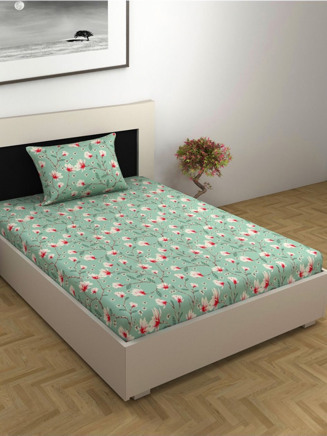 

Divine Casa Sea Green Floral Pure Cotton 144 TC Single Bedsheet Set 2.23 m x 1.45 m