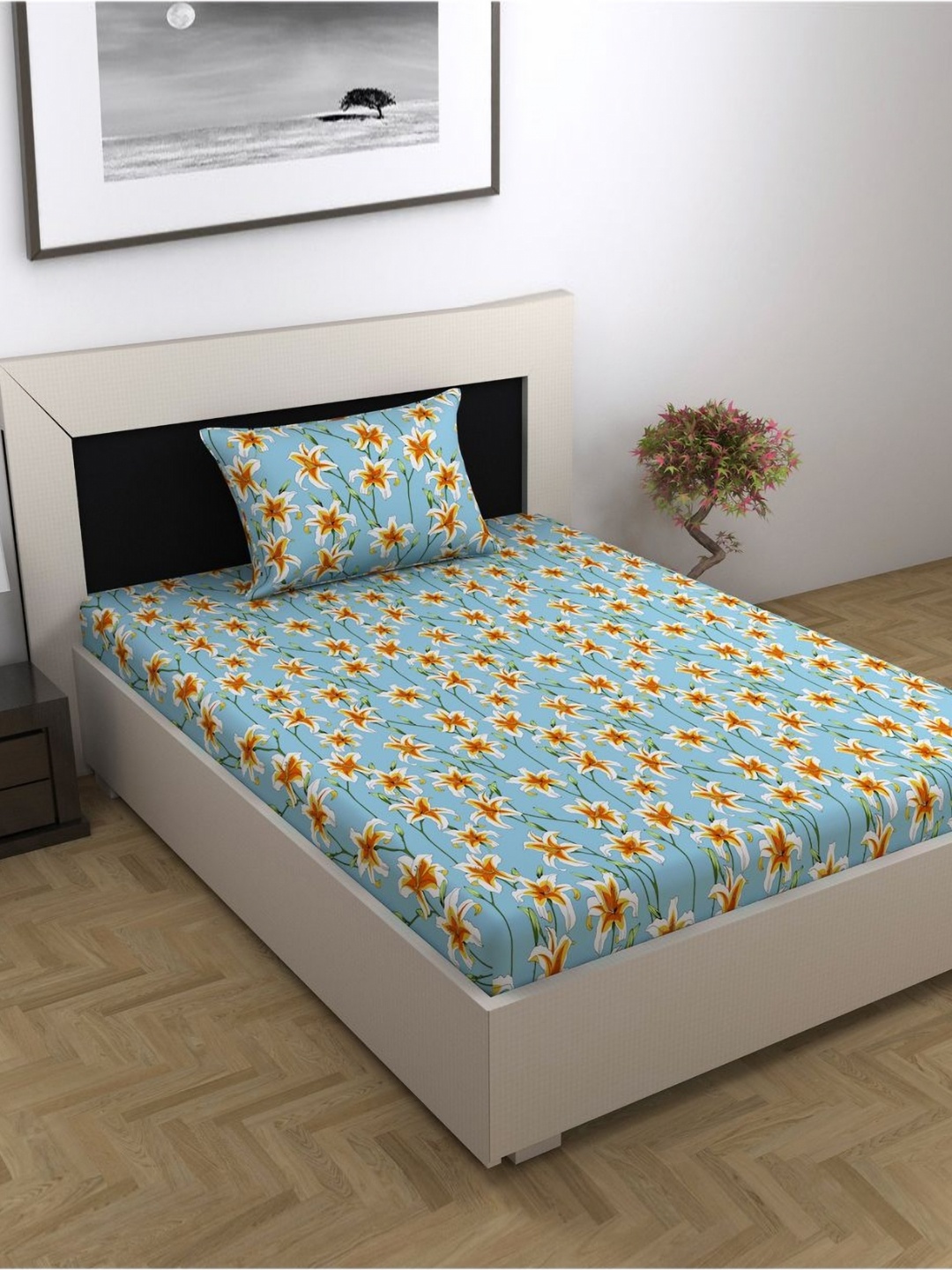 

Divine Casa Turquoise Blue Floral Pure Cotton 144 TC Single Bedsheet Set 2.23 m x 1.45 m