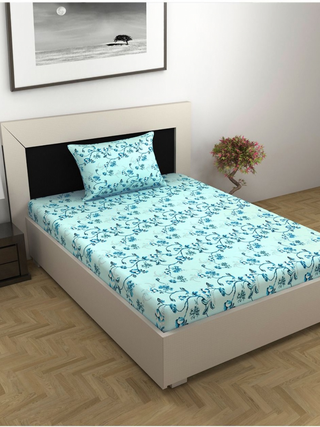 

Divine Casa Blue Floral Printed Pure Cotton 144 TC Single Bedsheet Set 2.23 m x 1.45 m, Turquoise blue