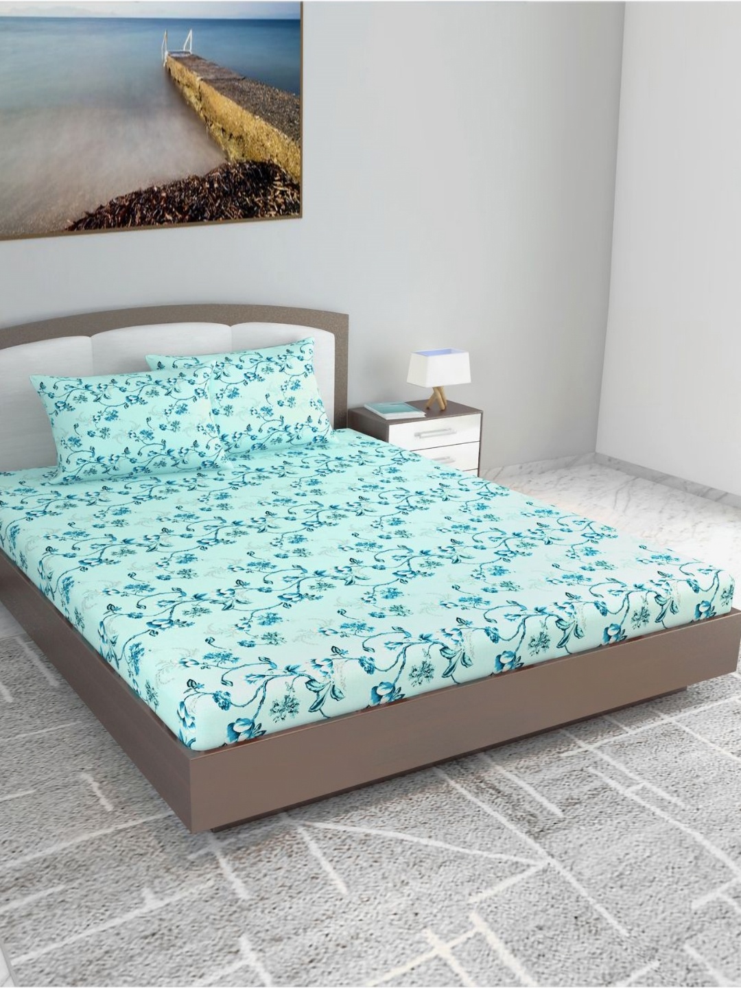 

Divine Casa Turquoise Blue Pure Cotton Floral 144 TC King Bedsheet Set 2.70 m x 2.70 m