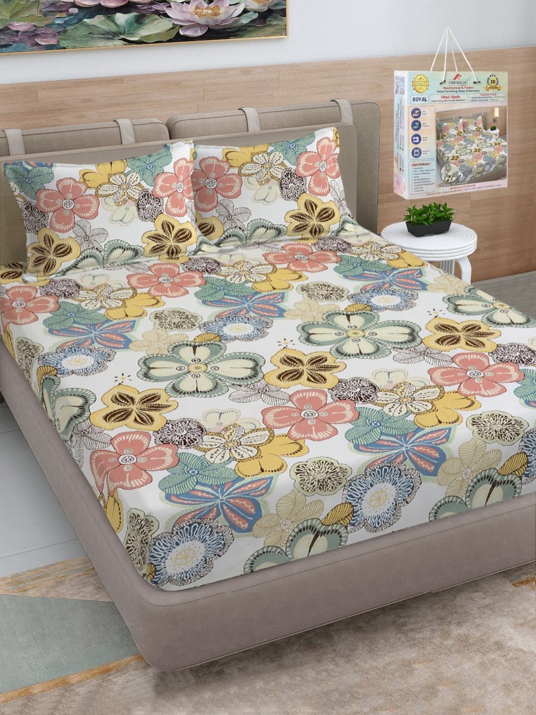 

FABINALIV White & Yellow Floral Printed 300 TC Fitted King Bedsheet Set 2.7 m x 2.7 m