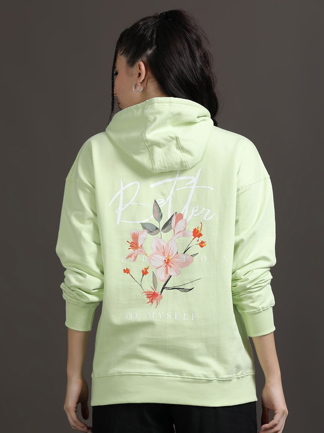 

SILISOUL Women Printed Hooded Cotton Sweatshirt, Lime green