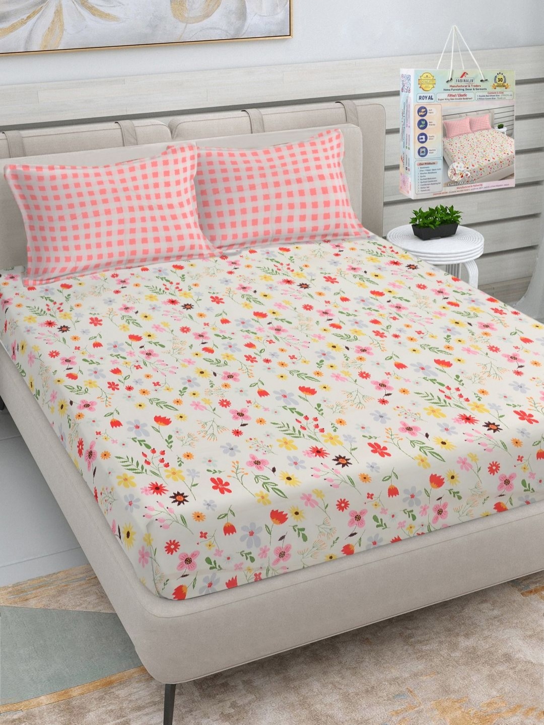 

FABINALIV Cream-Coloured & Pink Floral Printed 300 TC Fitted King Bedsheet Set 2.7 x 2.7 m