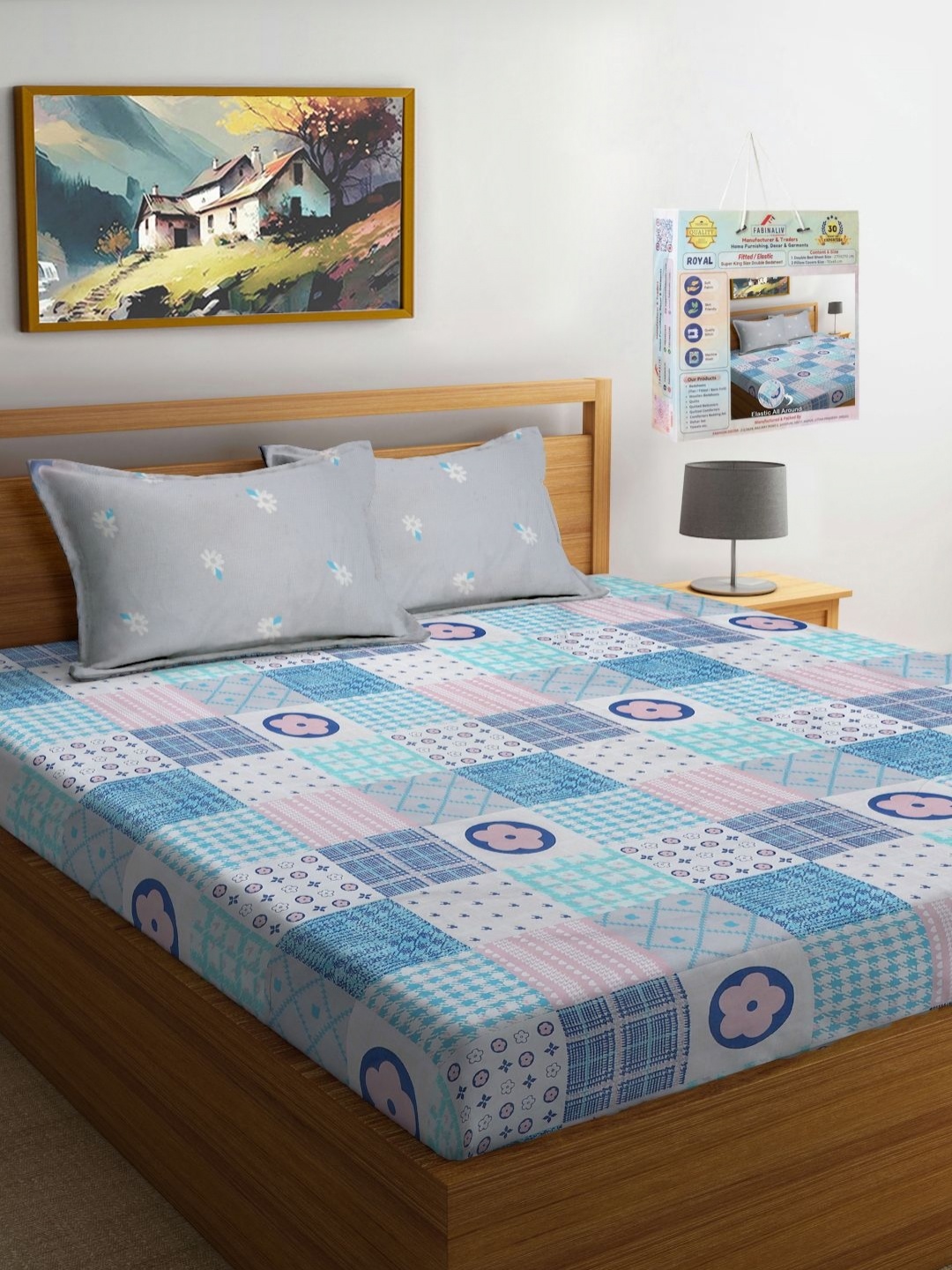 

FABINALIV Blue & Pink Geometric Printed 300 TC Fitted King Bedsheet Set 2.7 m x 2.7 m