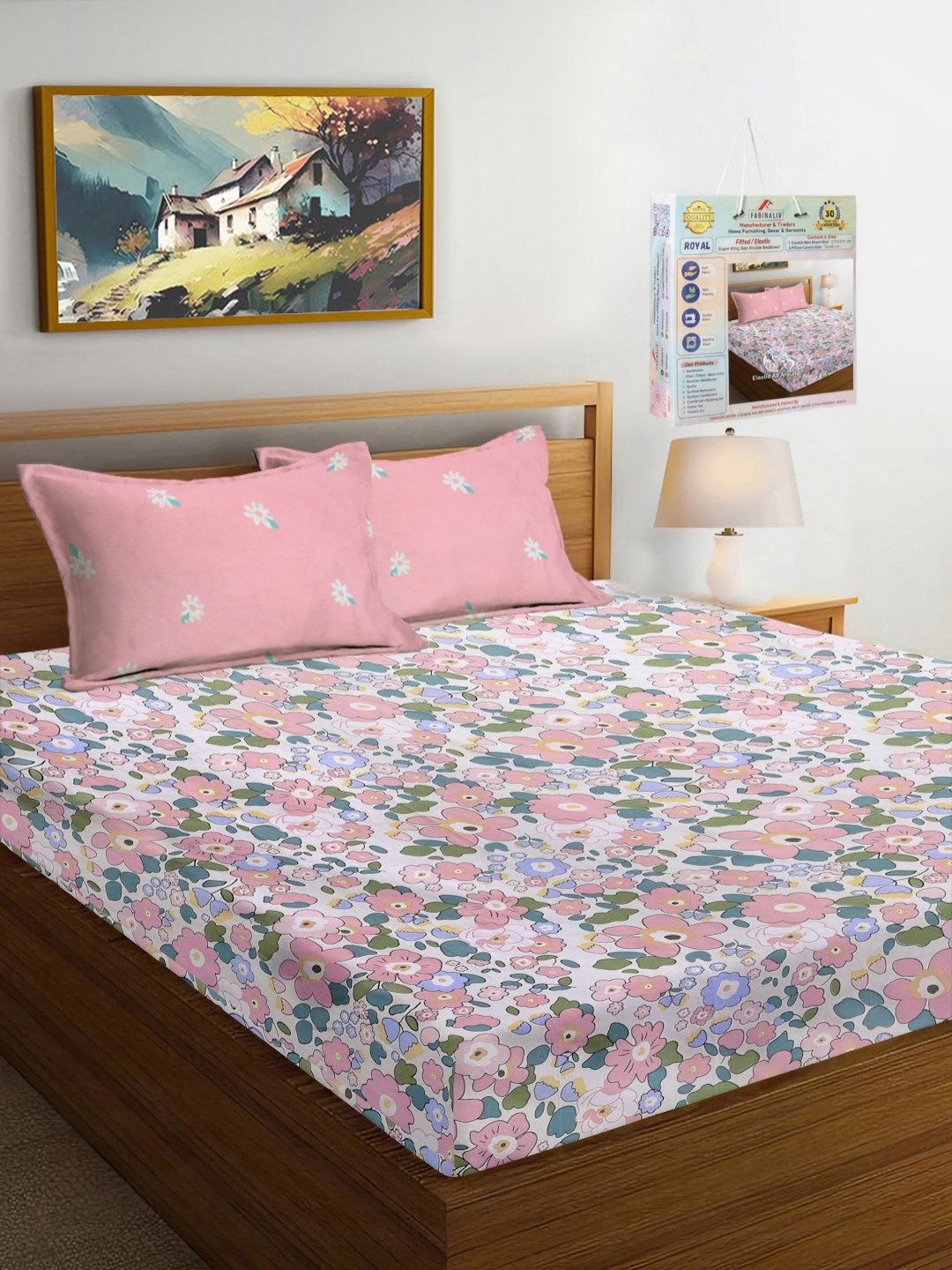 

FABINALIV White & Pink Floral Printed 300 TC Fitted King Bedsheet Set 2.7 m x 2.7 m