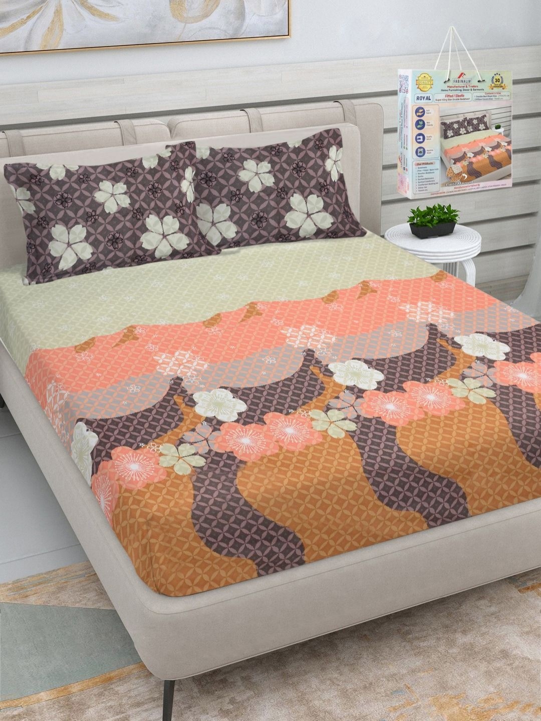 

FABINALIV Green & Brown Floral Printed 300 TC Fitted King Bedsheet Set 2.7 m x 2.7 m