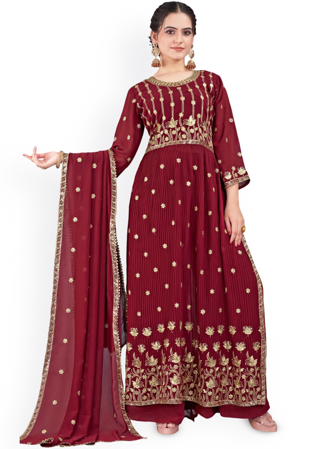 

RUDRAA FAB Ethnic Motifs Embroidered Georgette Pakistani Style Kurta & Palazzos & Dupatta, Red
