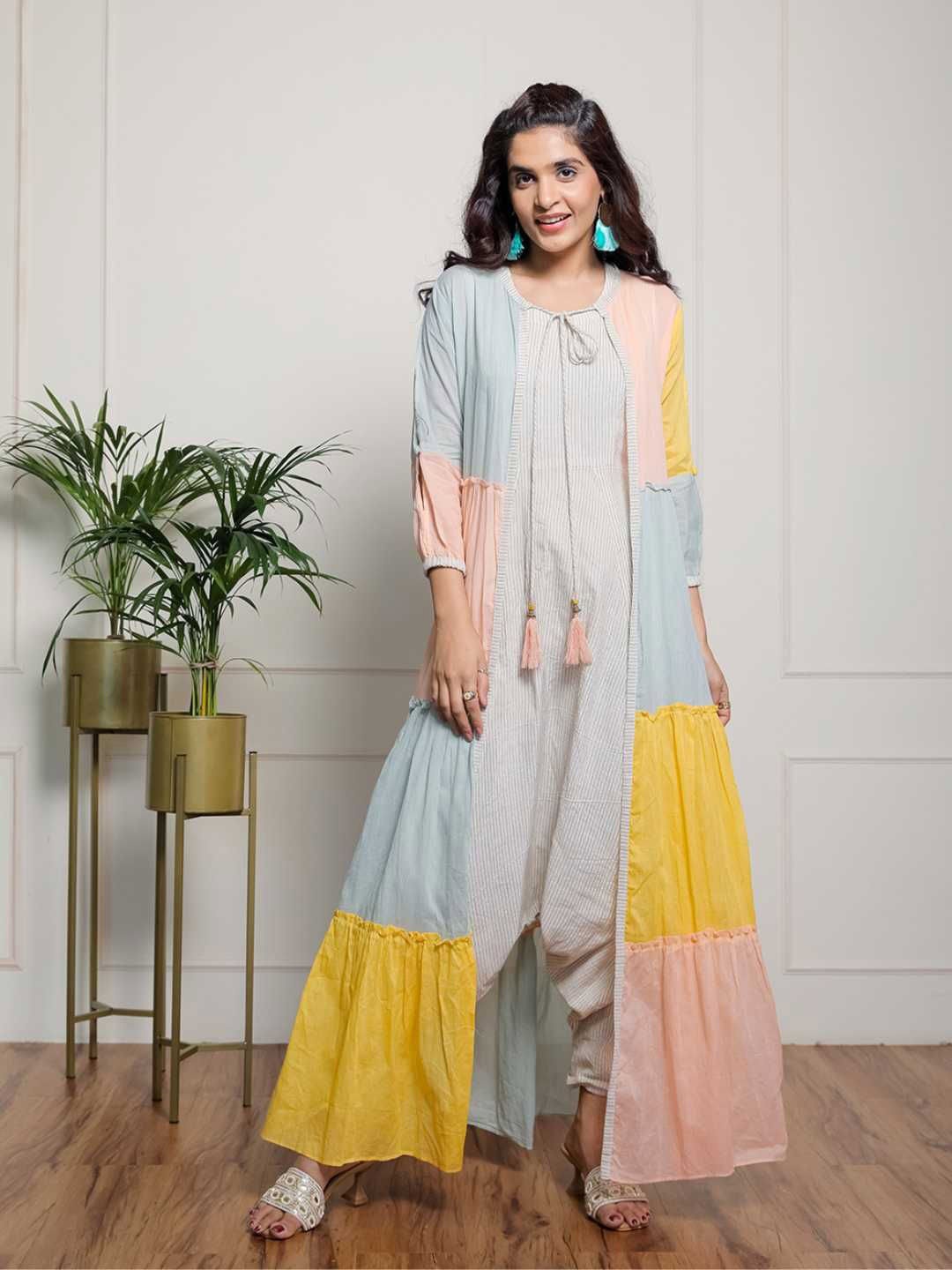 

Label Ishnya Women Striped Cotton Dhoti Jumpsuit With Shrug, Peach