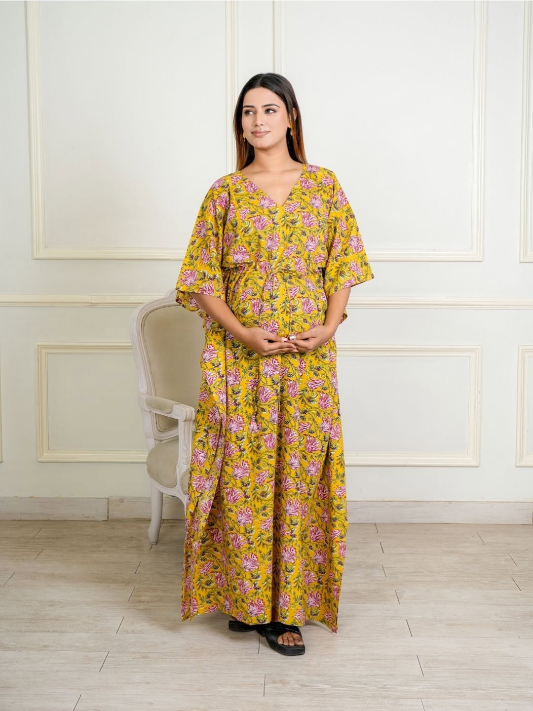 

MOTHERHOOD BY SNEHAL Women Cotton V-Neck Floral Printed Maternity Kaftan Dress, Yellow