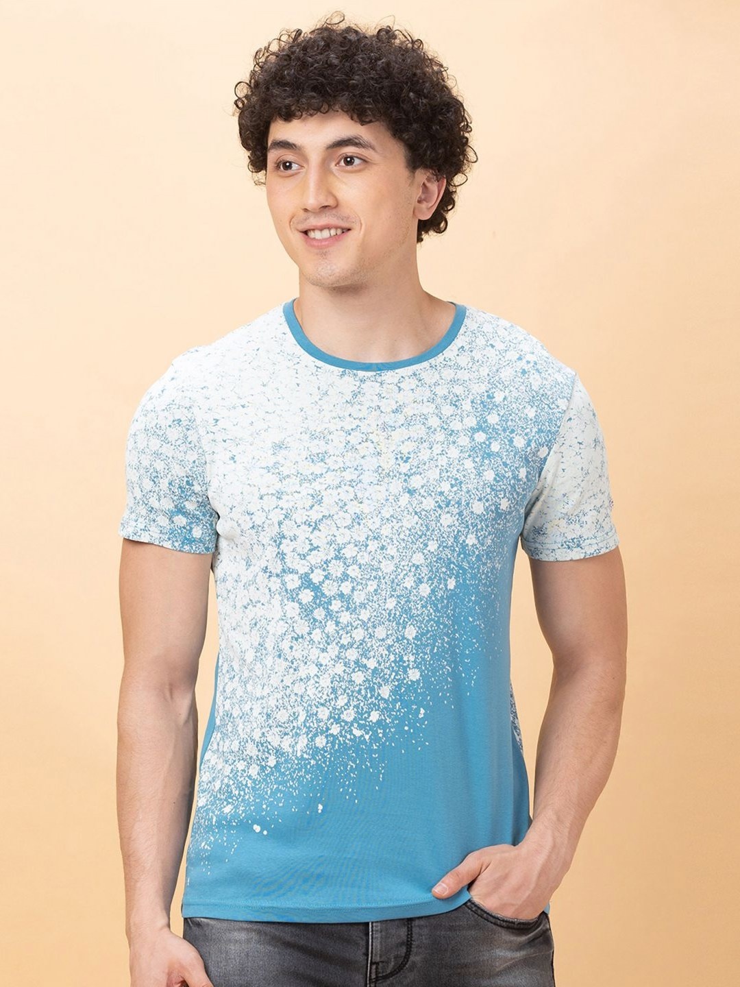 

Being Human Men Abstract Printed Round Neck Cotton Slim Fit T-shirt, Blue