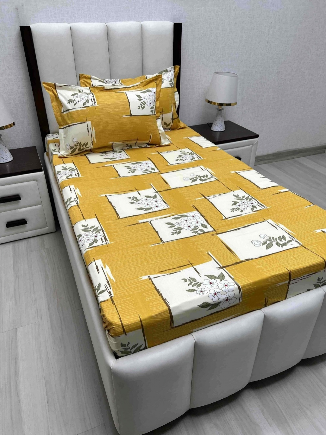 

Pure Decor Lounge Yellow Floral Cotton 210 TC Bedsheet with 2 Pillow Covers-1.73mx2.36m