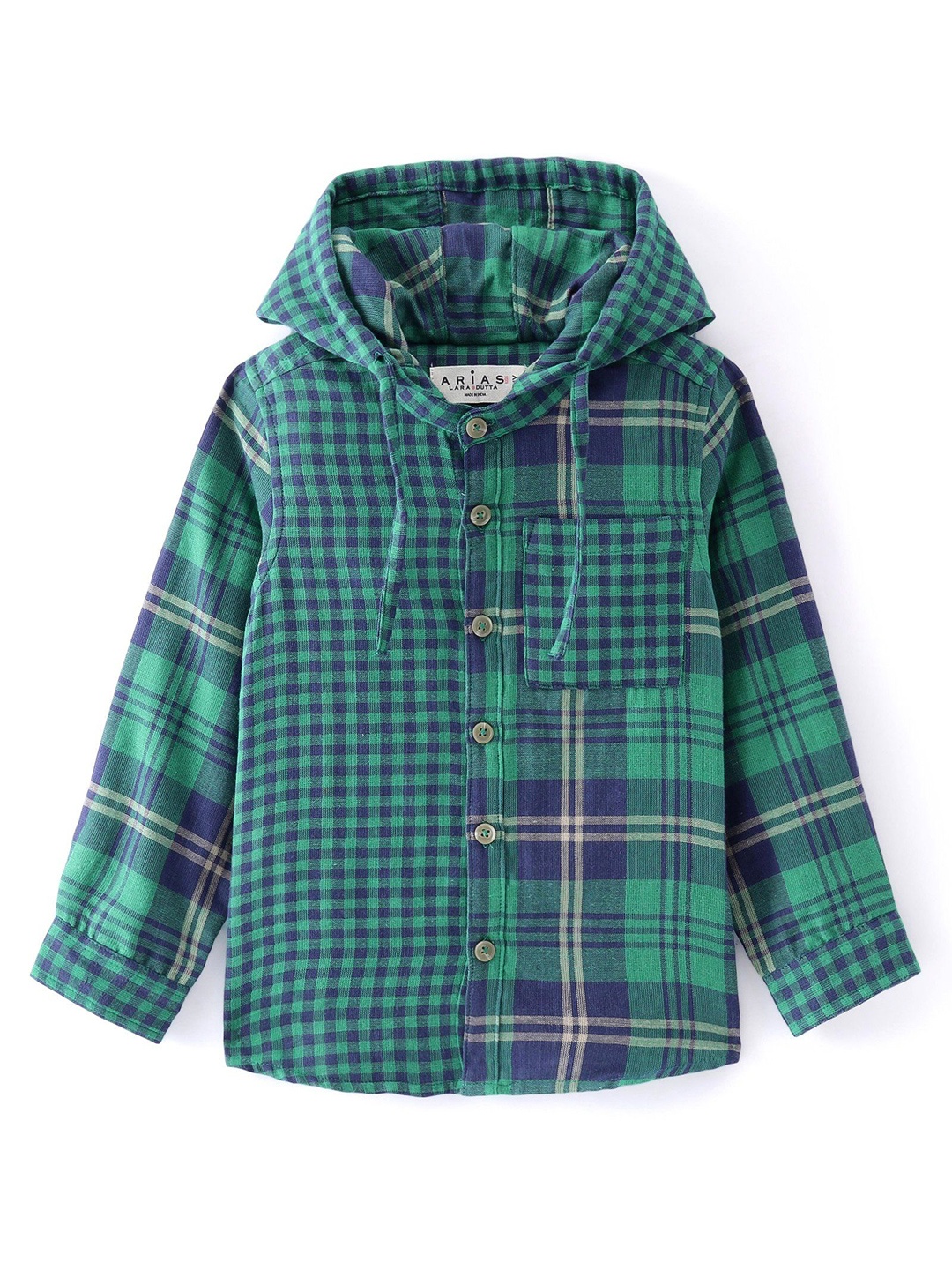 

ARIAS By LARA DUTTA Boys Hooded Tartan Checked Cotton Casual Shirt, Green