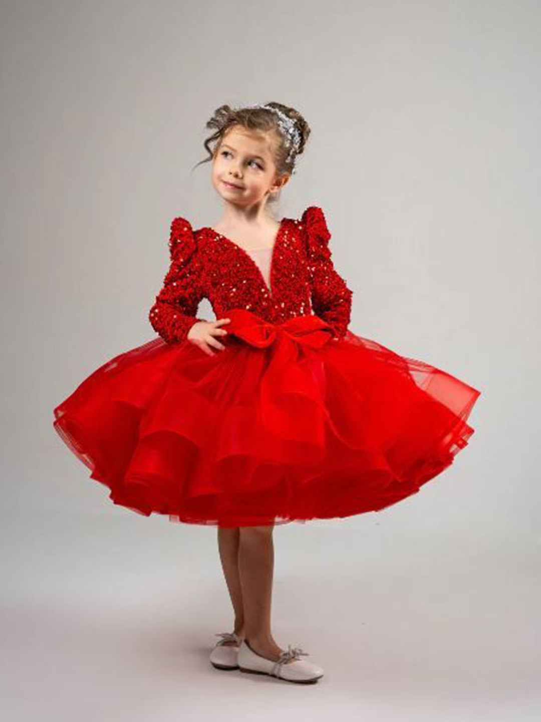 

First Little Smile Girls Embellished Net Fit and Flare Dress, Red