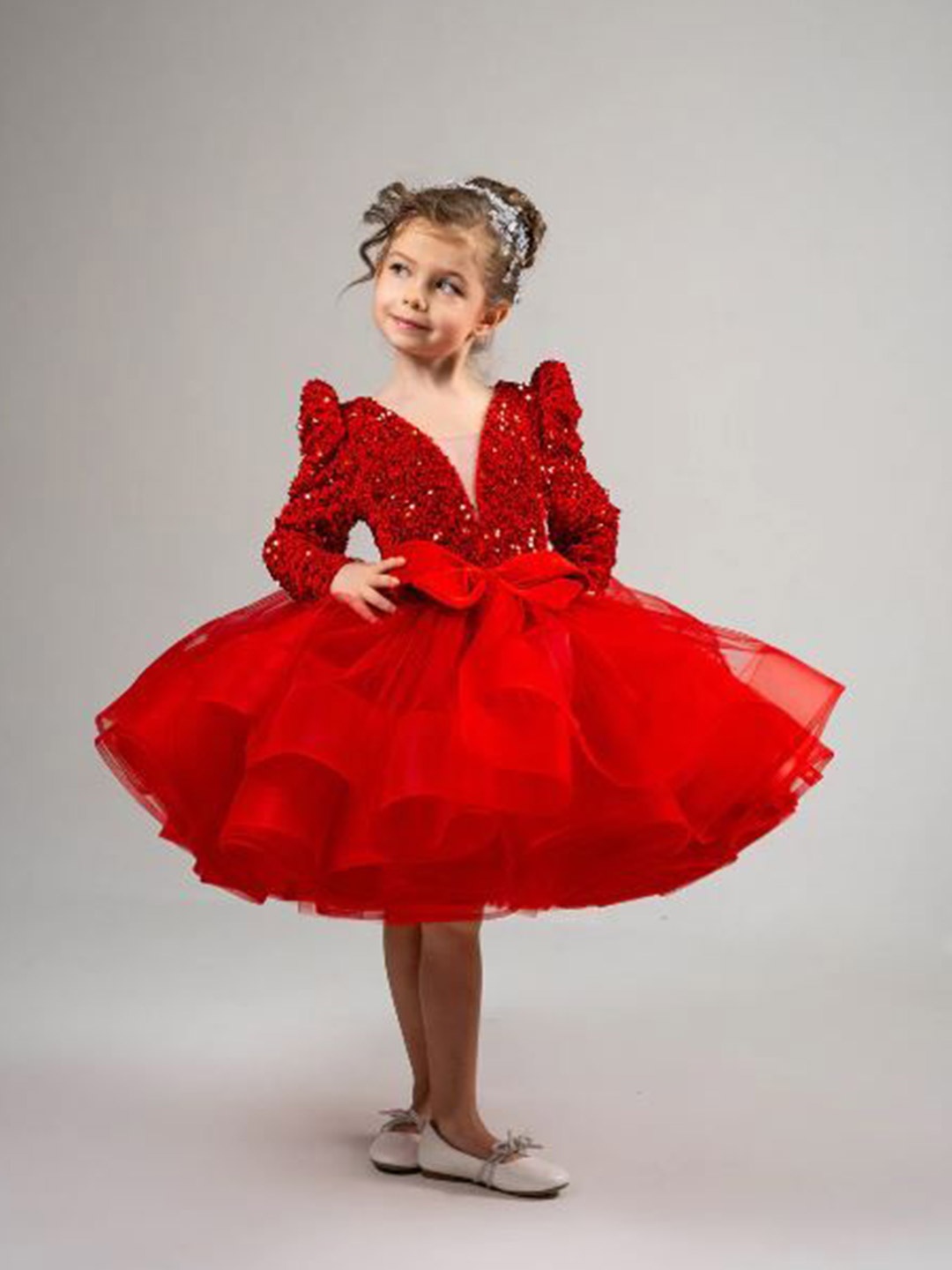 

First Little Smile Girls Embellished Sequined Net Balloon Dress, Red