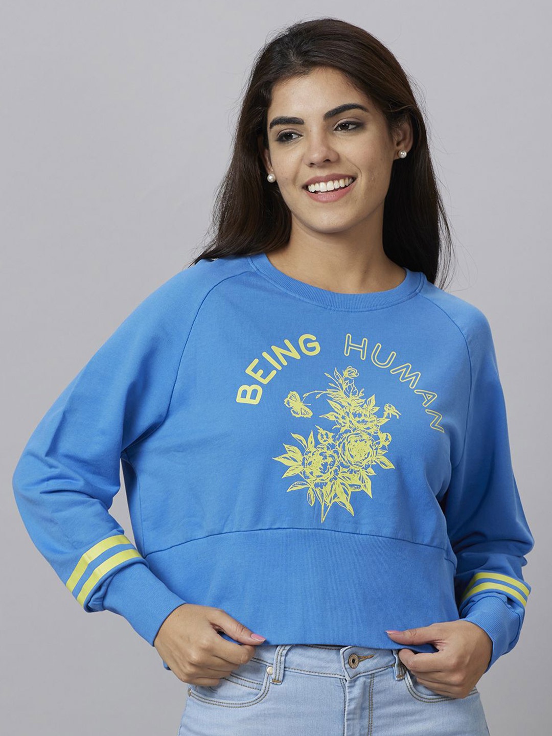 

Being Human Women Printed Cotton Crop Sweatshirt, Blue