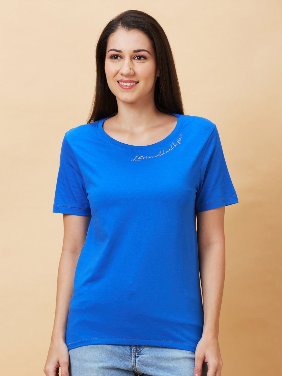 

Being Human Women Solid Round Neck Cotton T-shirt, Blue