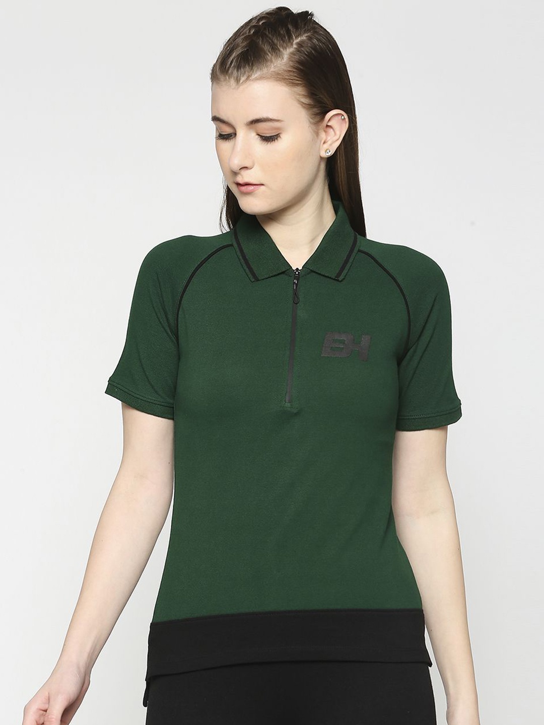 

Being Human Women Solid Polo Collar Cotton Slim Fit T-shirt, Green