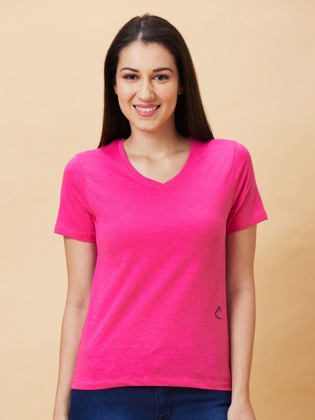 

Being Human Women Solid V-Neck Cotton Slim Fit T-shirt, Pink