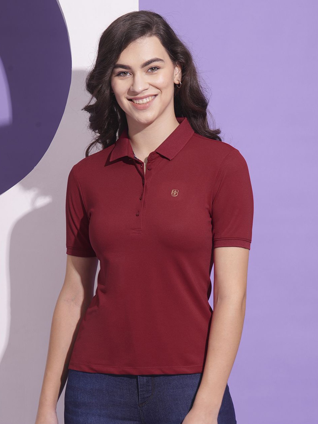 

Being Human Women Solid Polo Collar Slim Fit T-shirt, Burgundy