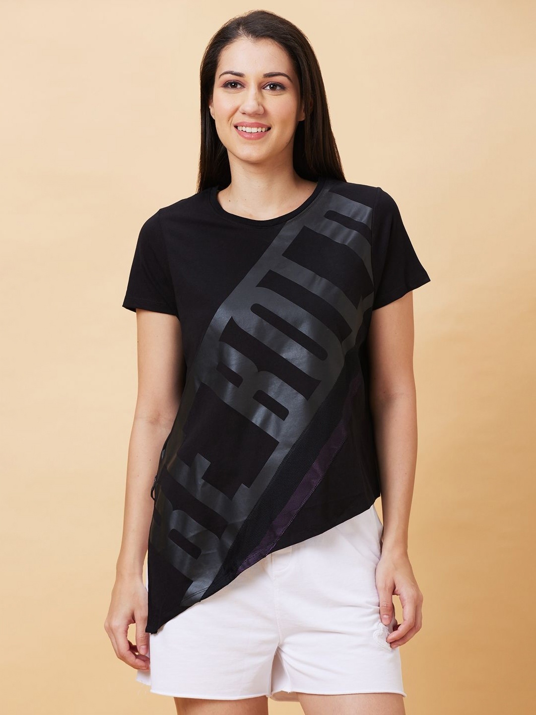

Being Human Women Typography Printed Round Neck Cotton Boxy T-shirt, Black