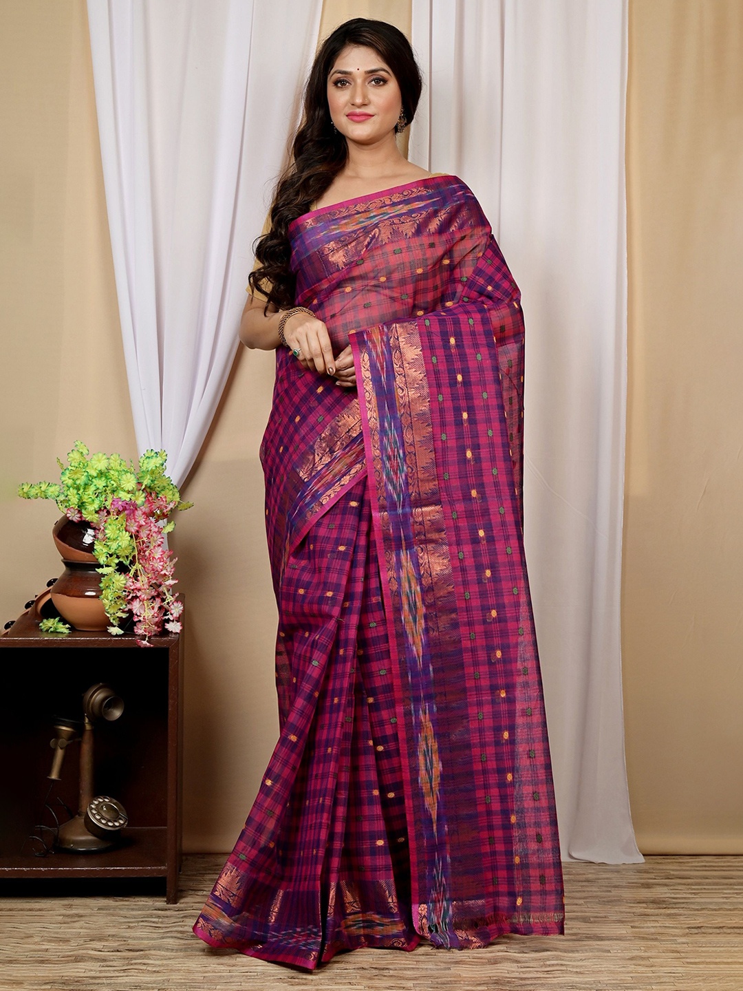 

Ruuprekha Woven Design Pure Cotton Taant Saree, Purple