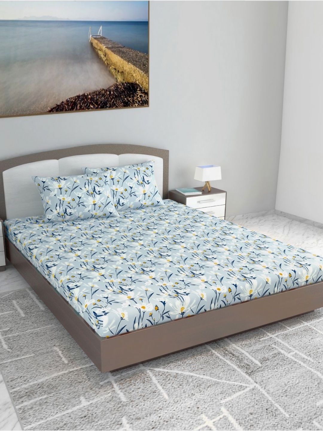 

Divine Casa Florate Blue Floral Printed Cotton 144 TC Fitted King Bedsheet Set 2 x 1.85 m