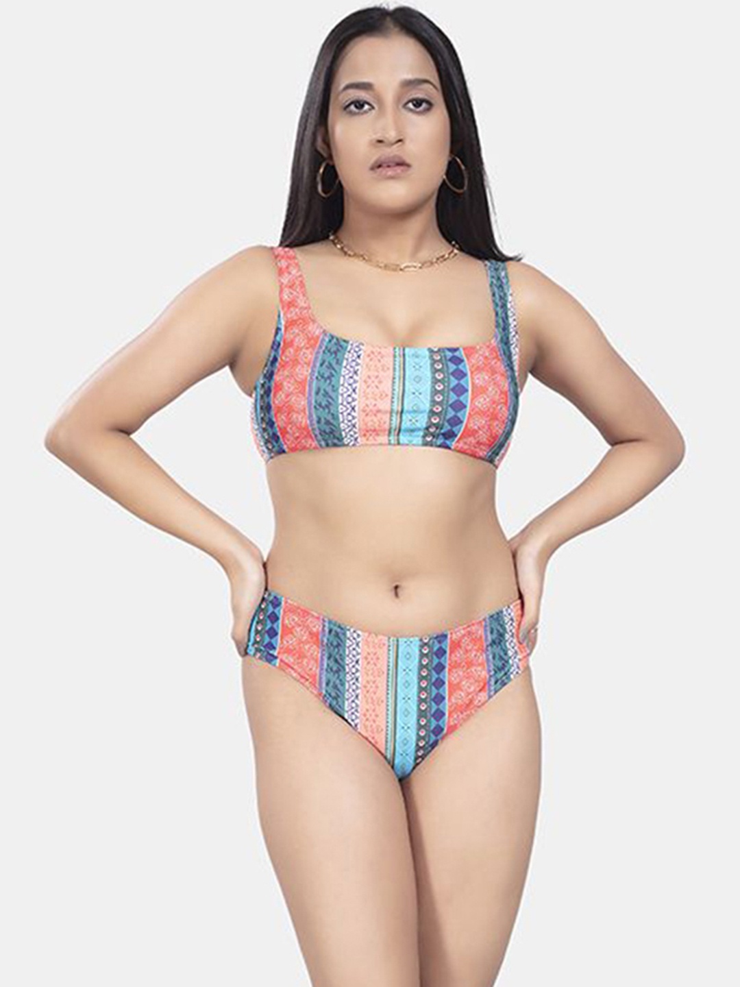 

BOLD & BAE Printed Shoulder Strap Neck Swim Bikini Set, Blue