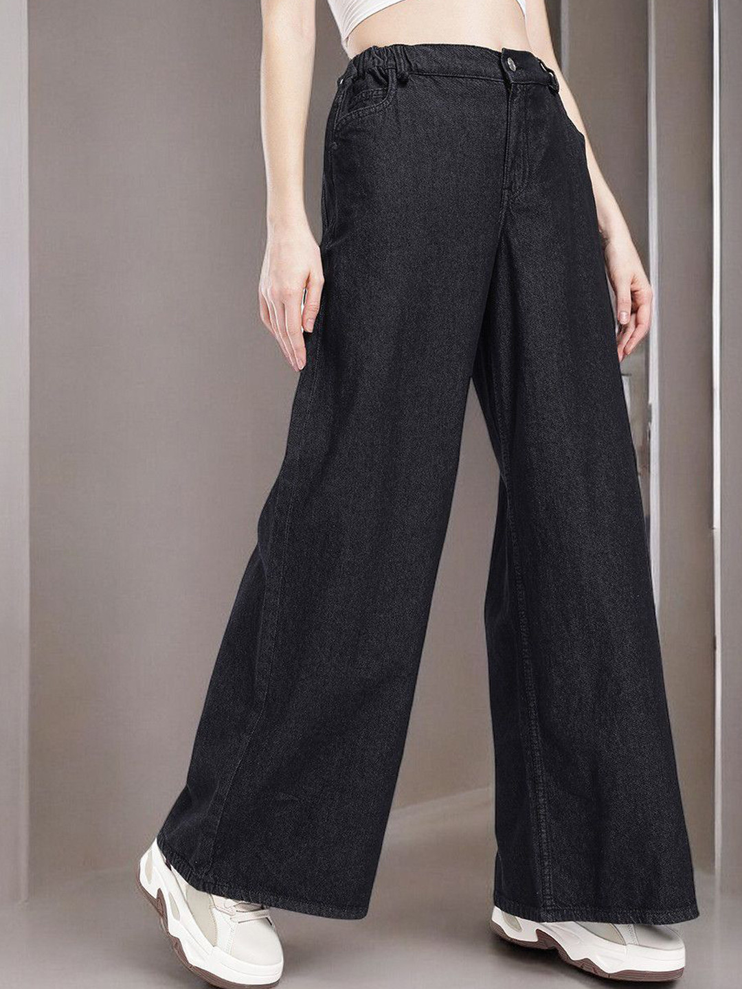

Mast & Harbour Women Wide Leg Mid-Rise Cotton Jeans, Black