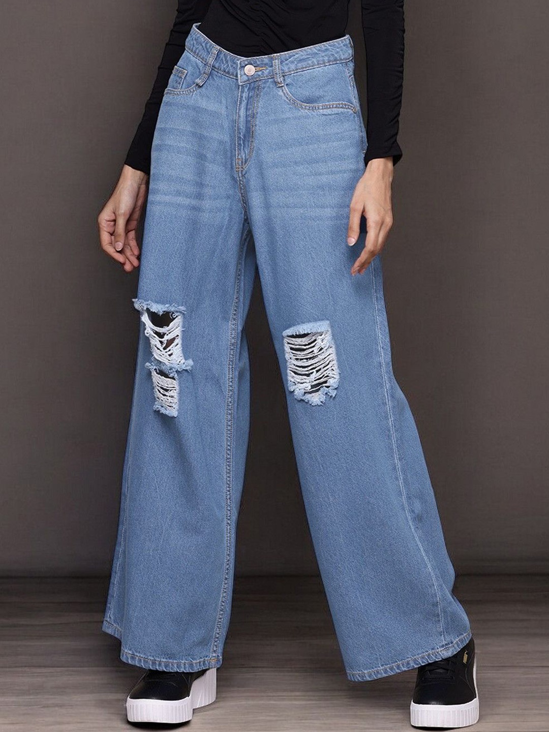 

Mast & Harbour Women Wide Leg High-Rise Highly Distressed Pure Cotton Light Fade Jeans, Blue