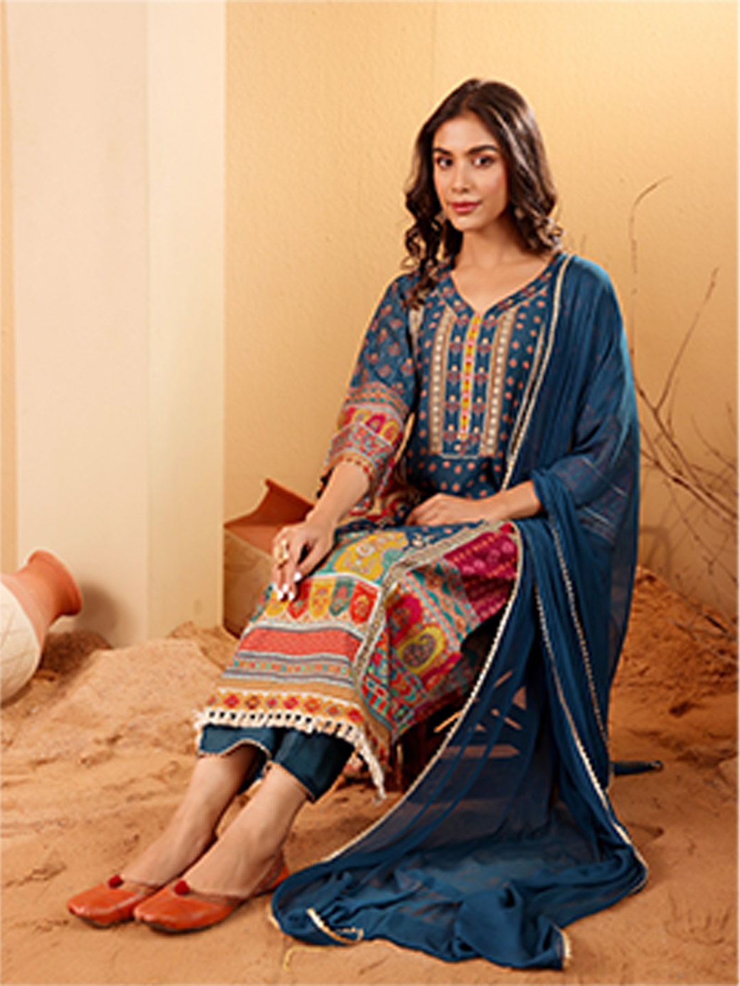 

Varanga Ethnic Motifs Printed Sequnnied Chanderi Silk Kurta With Trousers And Dupatta, Blue