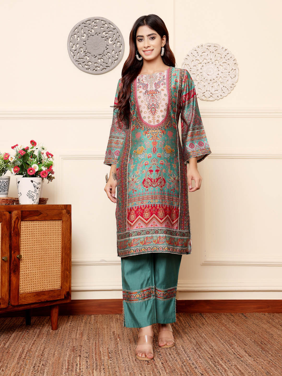 

Varanga Ethnic Motifs Printed Chanderi Silk Tunic With Trousers, Turquoise blue