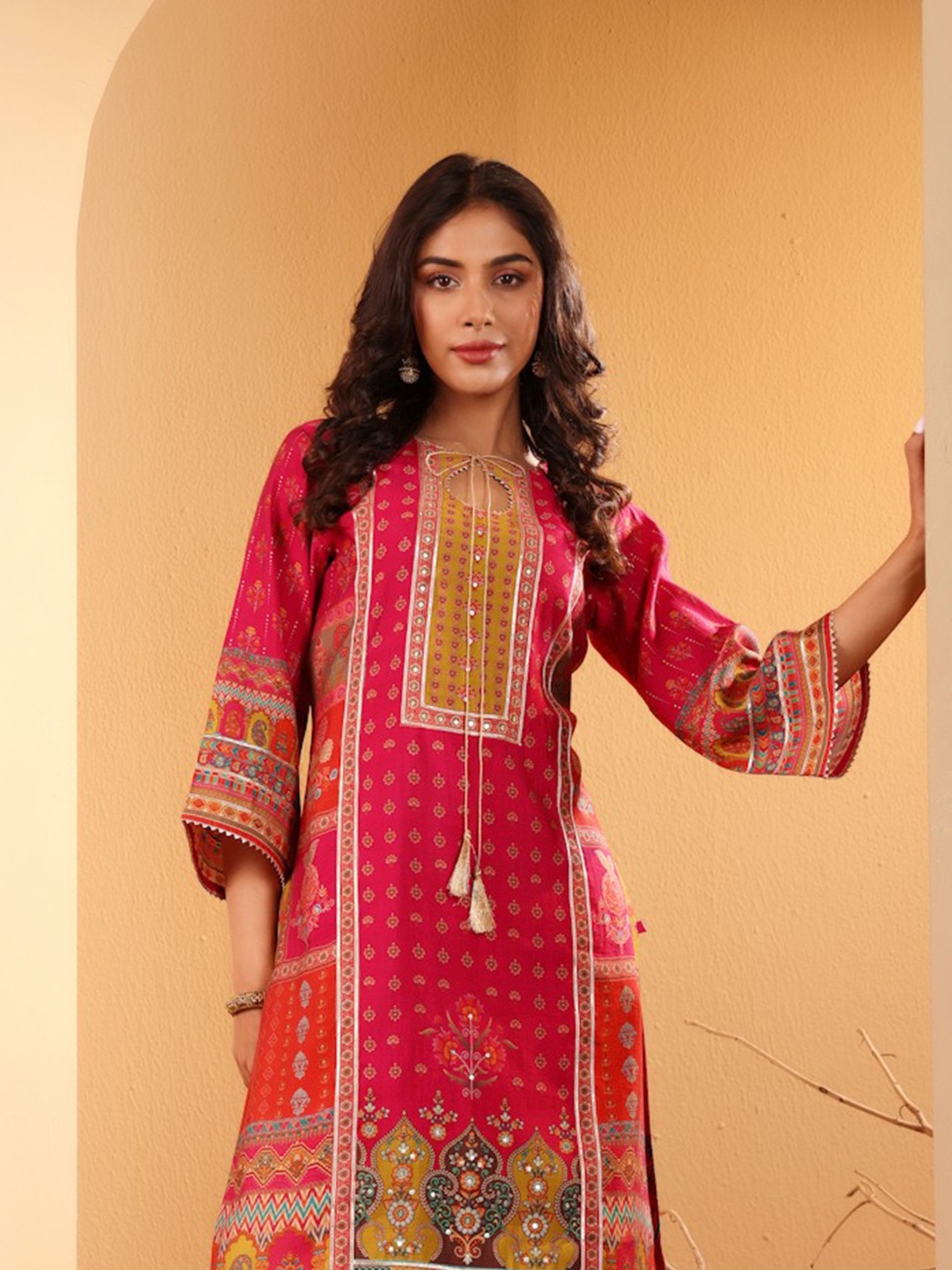 

Varanga Ethnic Motifs Printed Sequinned Chanderi Silk Kurta with Trousers And Dupatta, Fuchsia