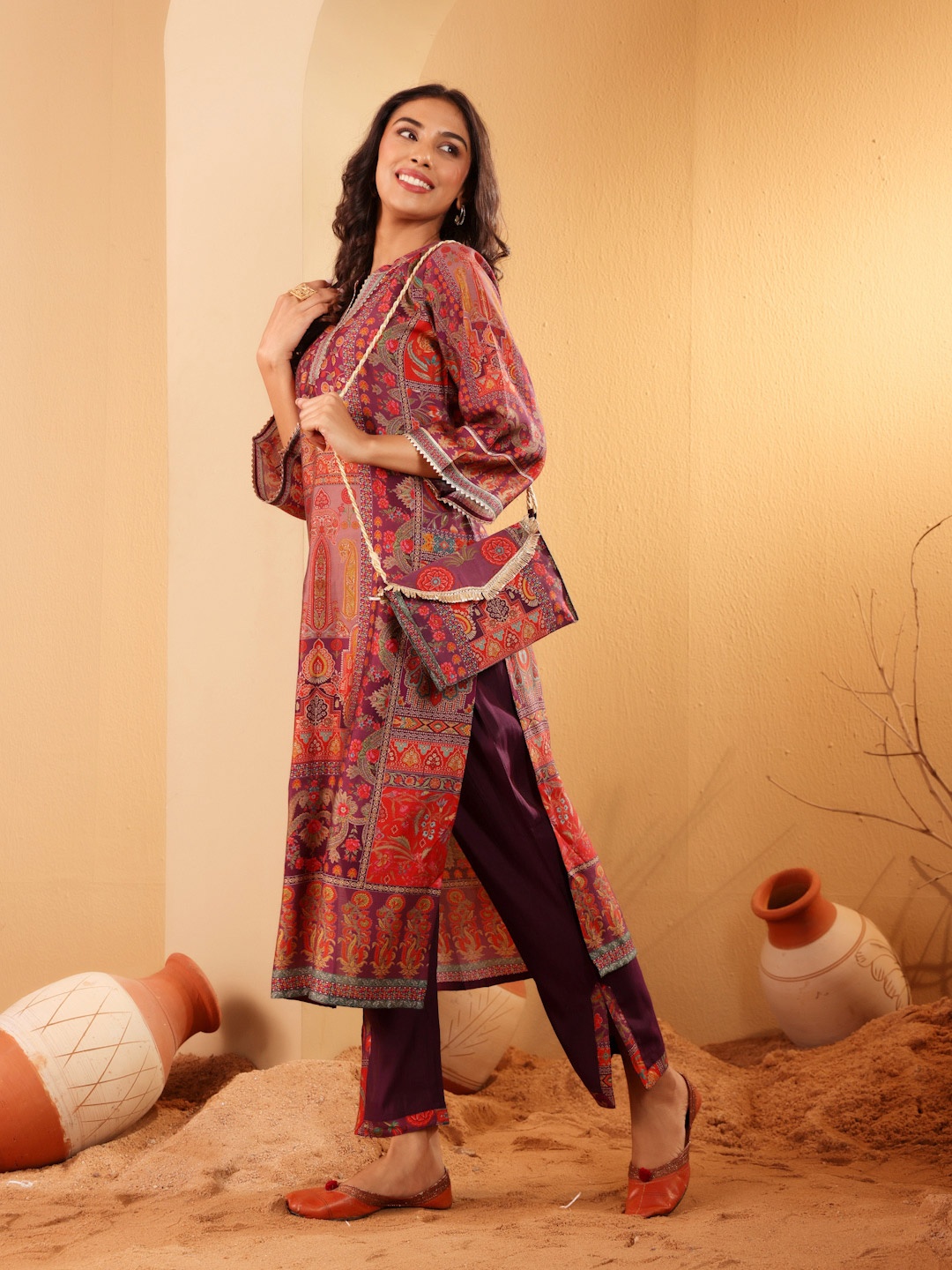 

Varanga Ethnic Motifs Printed Gotta Patti Chanderi Silk Kurta With Trousers, Purple