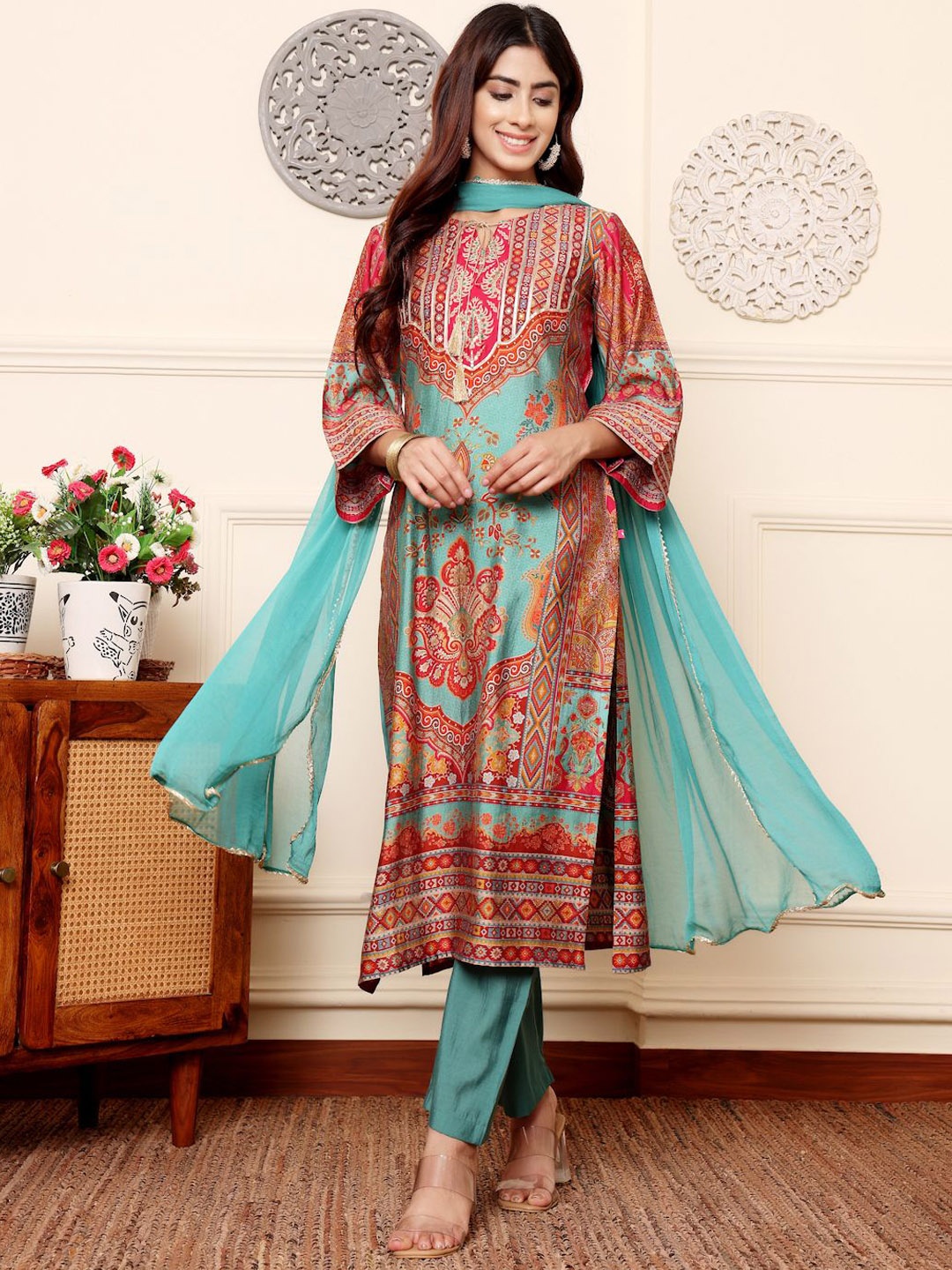 

Varanga Ethnic Motifs Printed Chanderi Silk Kurta With Trousers And Dupatta, Turquoise blue