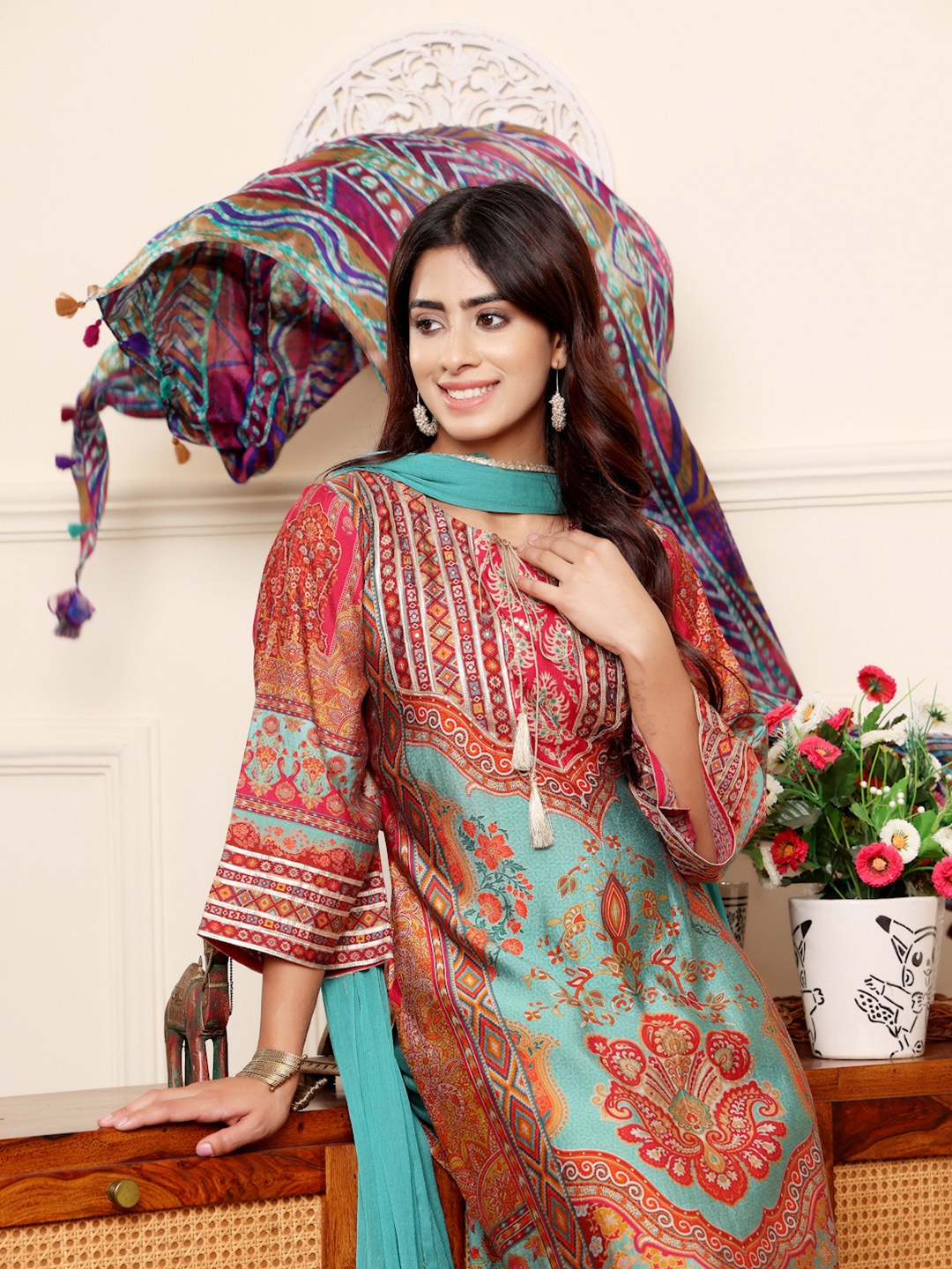 

Varanga Ethnic Motifs Printed Chanderi Silk Kurta With Trousers And Dupatta, Turquoise blue