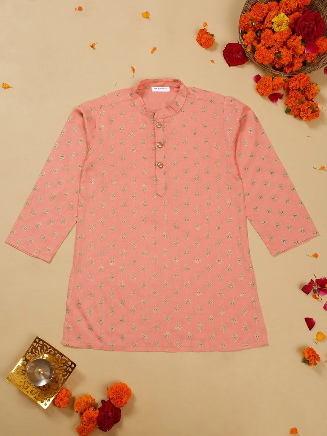 SAKA DESIGNS Boys Floral Embroidered Mandarin Collar Straight Kurta, Pink