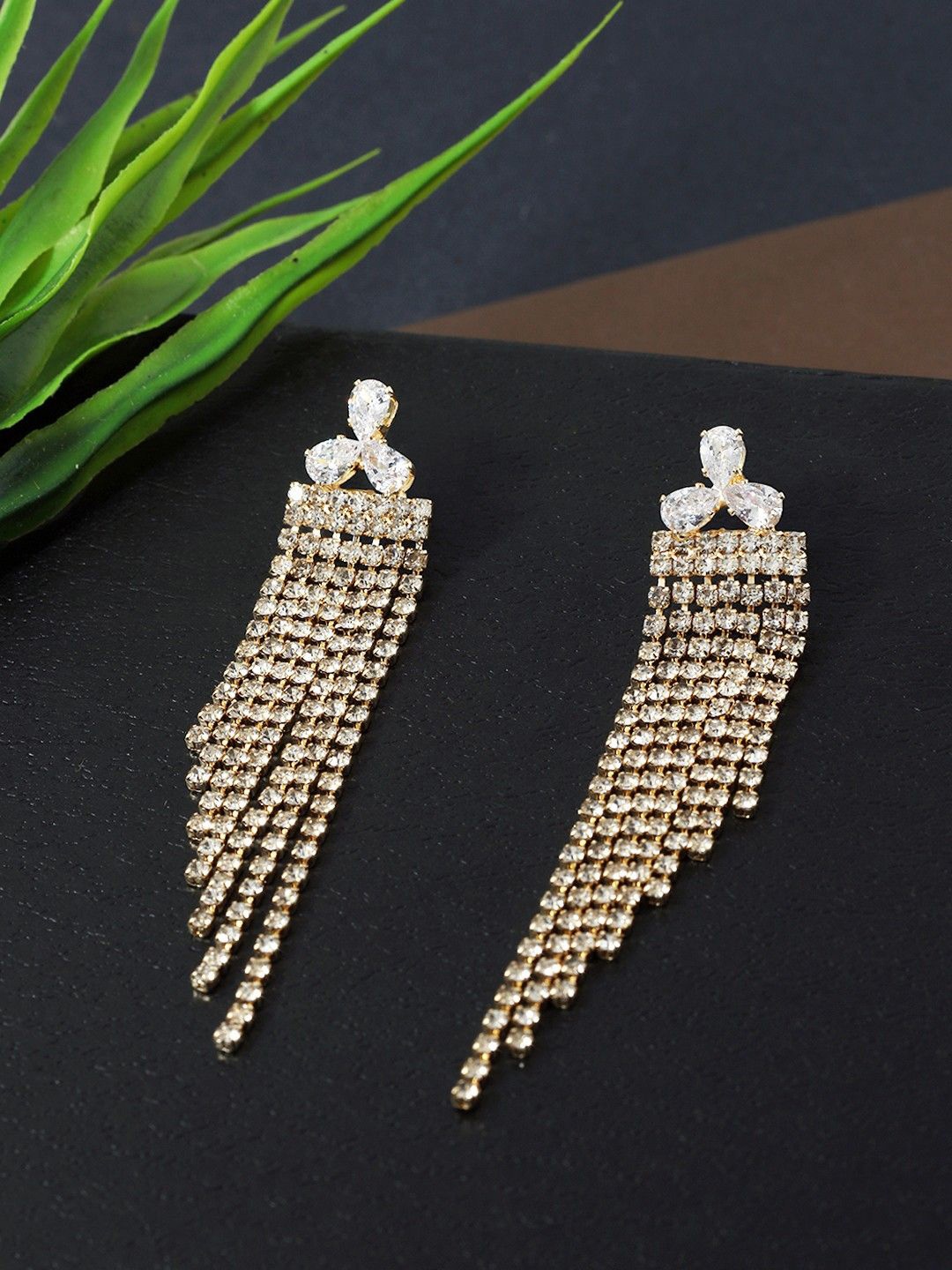 

DressBerry Gold-Plated Rhinestone Studded Floral Shaped Tasselled Drop Earrings