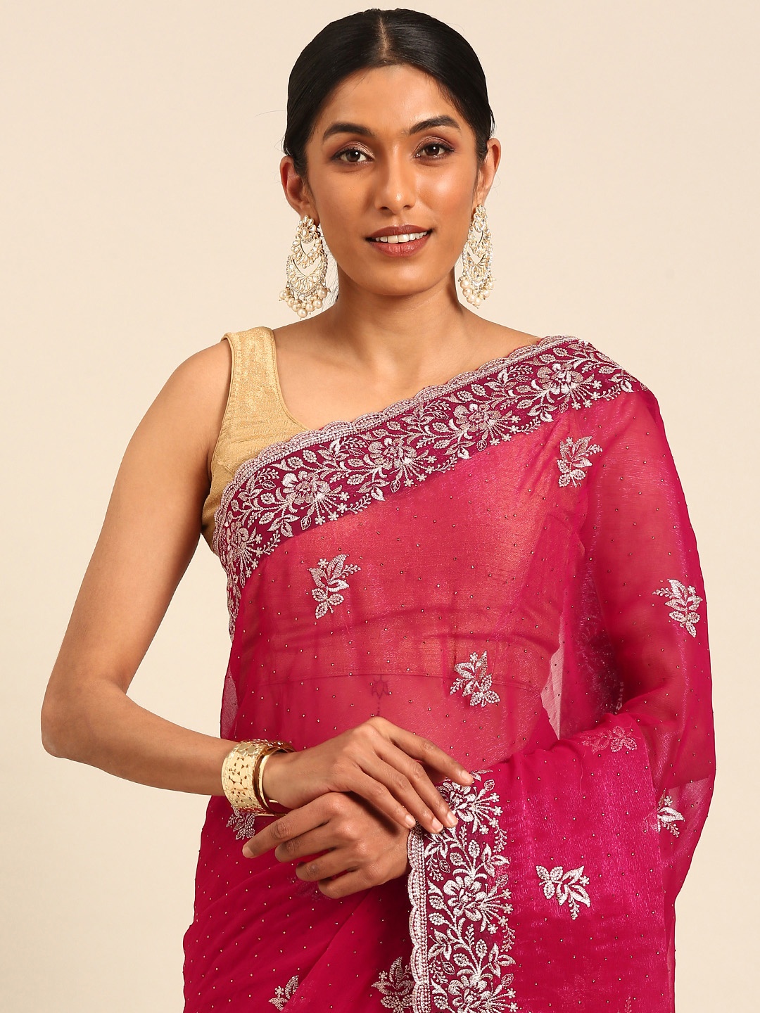 

Mitera Embellished Embroidered Silk Blend Designer Saree, Pink