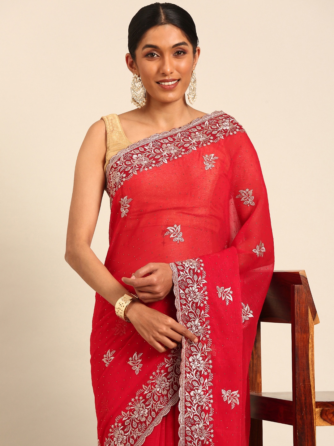 

Mitera Embellished Embroidered Silk Blend Designer Saree, Red