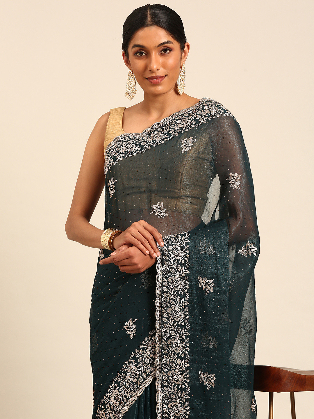 

Mitera Floral Embroidered Designer Saree, Teal