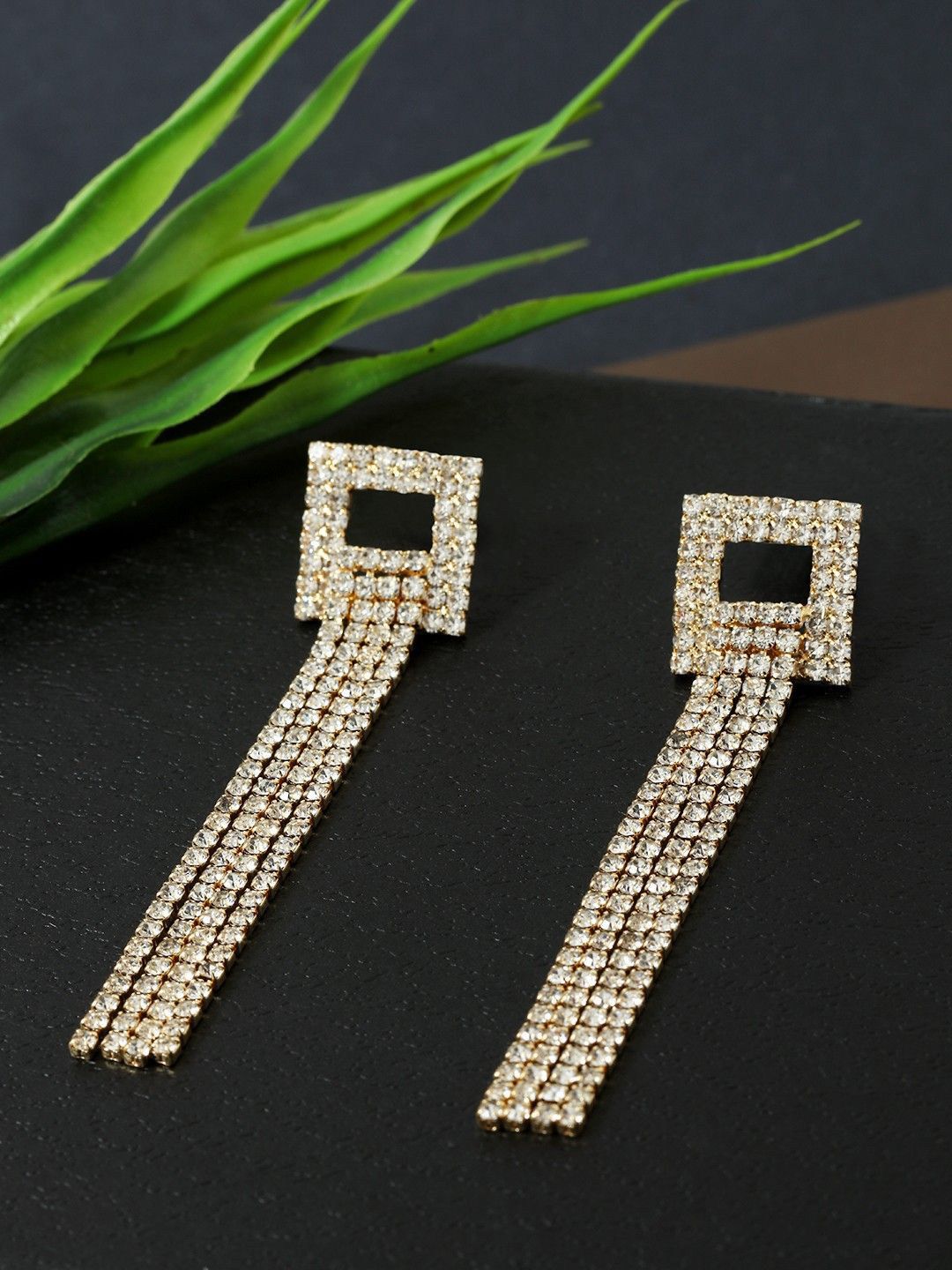 

DressBerry Gold-Plated Rhinestone Studded Square Shaped Tasselled Drop Earrings