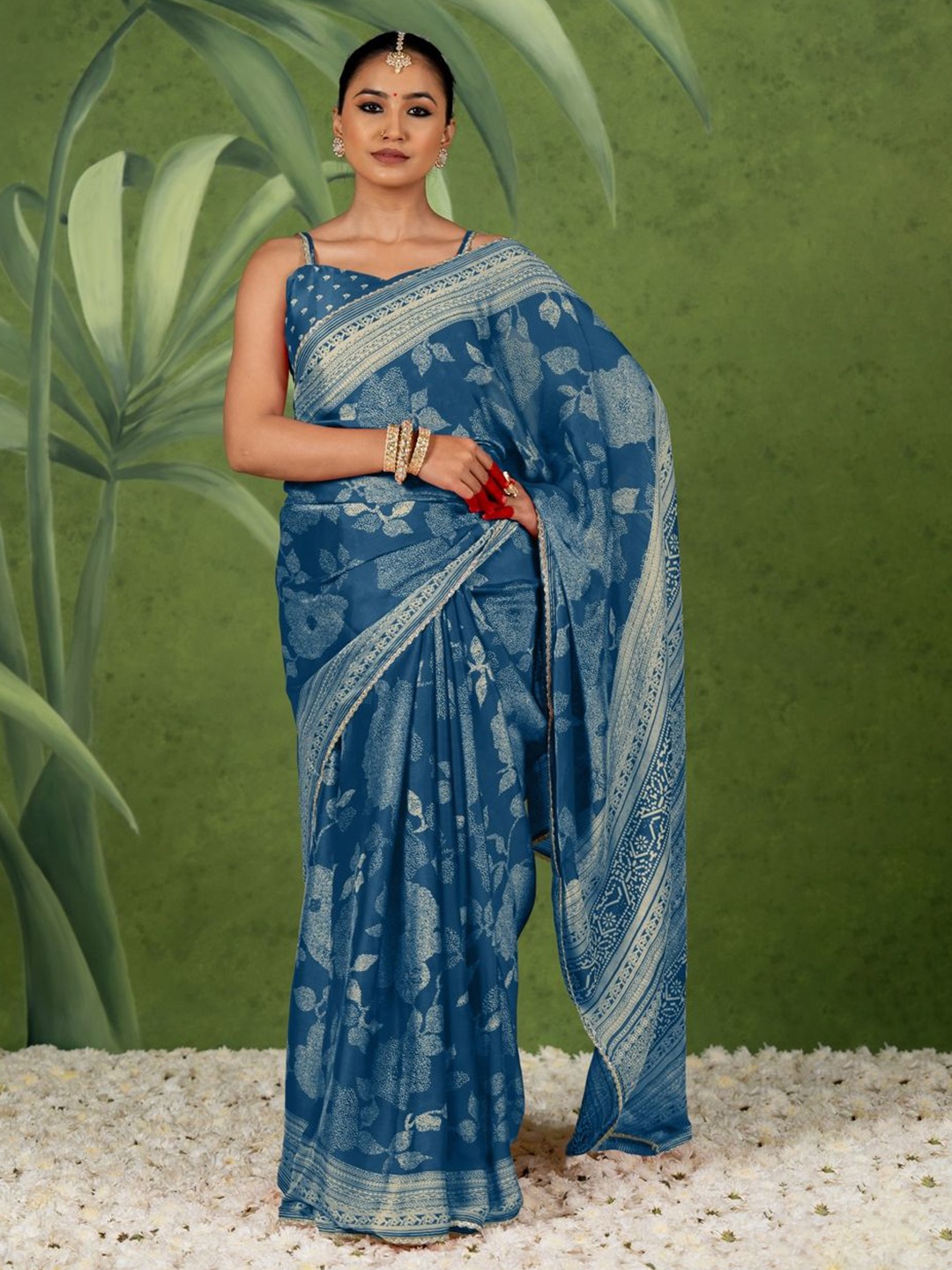 

KALINI Floral Printed Saree, Turquoise blue