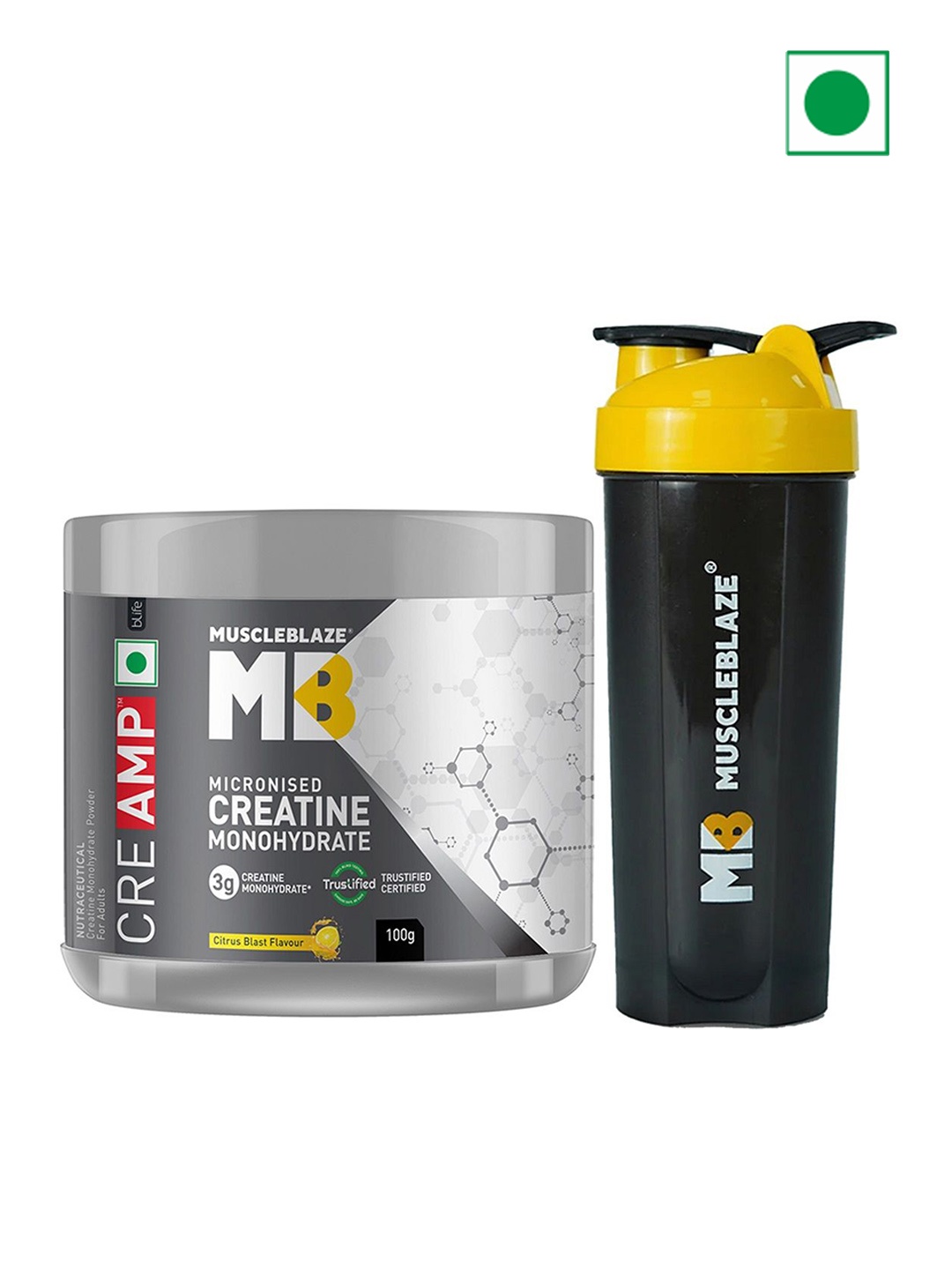 

MuscleBlaze Creatine Monohydrate CreAmp With CreAbsorb - 100 g - Citrus Blast With Shaker, Yellow