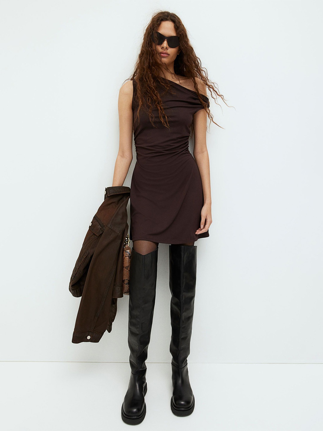 

H&M Twist-Detail One-Shoulder Dress, Brown