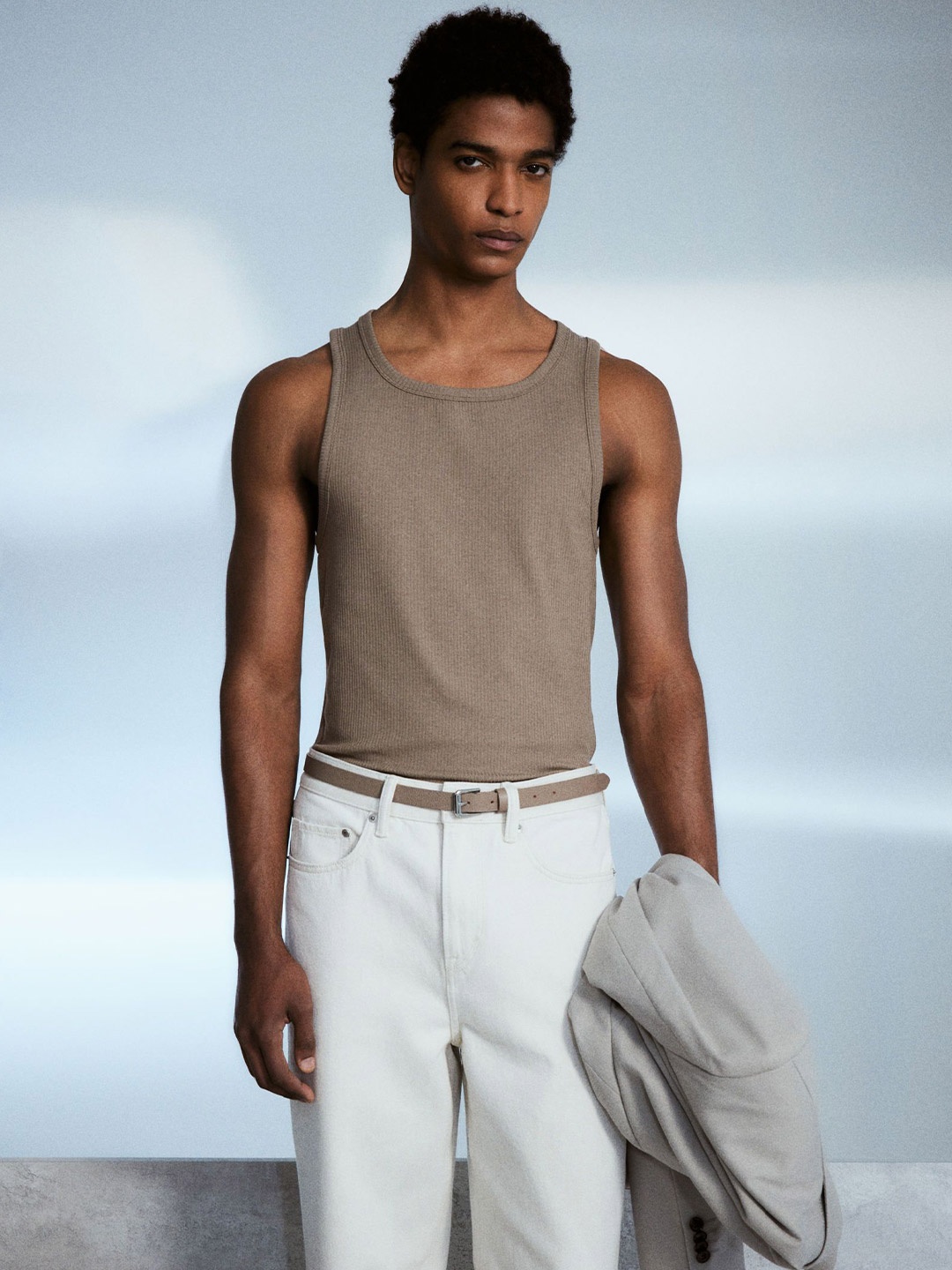 

H&M Slim Fit Ribbed Vest Top, Beige